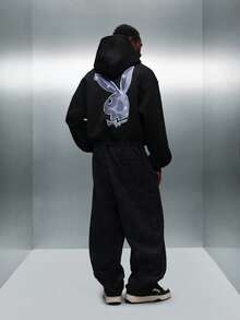 PLAYBOY X SUMWON Crop Fit Men's Pullover Hoodie With Chrome Bunny Logo Casual Streetwear Winter Sweatshirt - Black - View 6