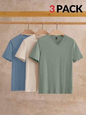 Manfinity NXTstreet 3pcs/Pack Men's Casual Solid Color Knit Short Sleeve T-Shirts, Suitable For Daily Wear, Summer Plain Tees Plain T Shirts Soft Tees