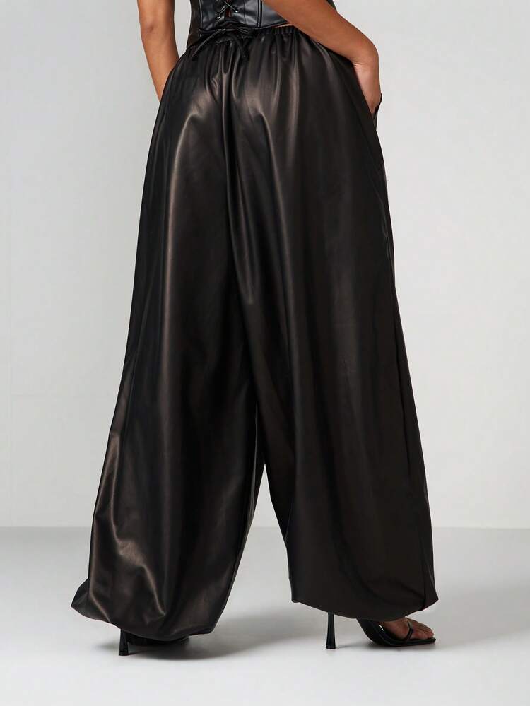 MISSGUIDED High Waisted Faux Leather Wide Leg Palazzo Pants With Drawstring Waist And Side Pockets
