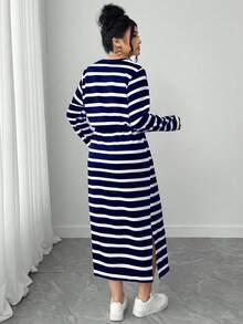 Elenzga 大码女式休闲通勤条纹长袖连衣裙 - 藍色 - 查看 2