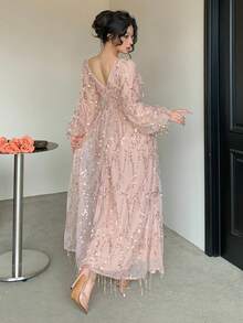 DAZY 女士优雅亮片灯笼袖连衣裙，秋季婚礼宾客礼服吊带裙 - 杏色 - 查看 2