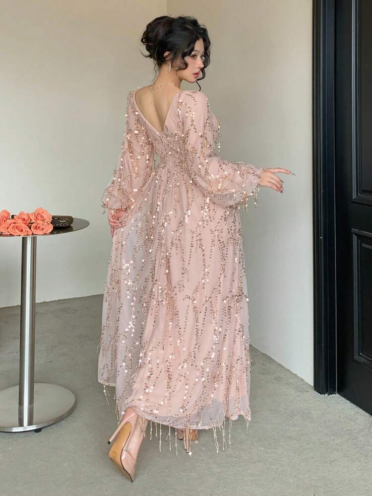 Women's Elegant Sequin Lantern Sleeve Dress, Autumn Wedding Guest Dress Sundress