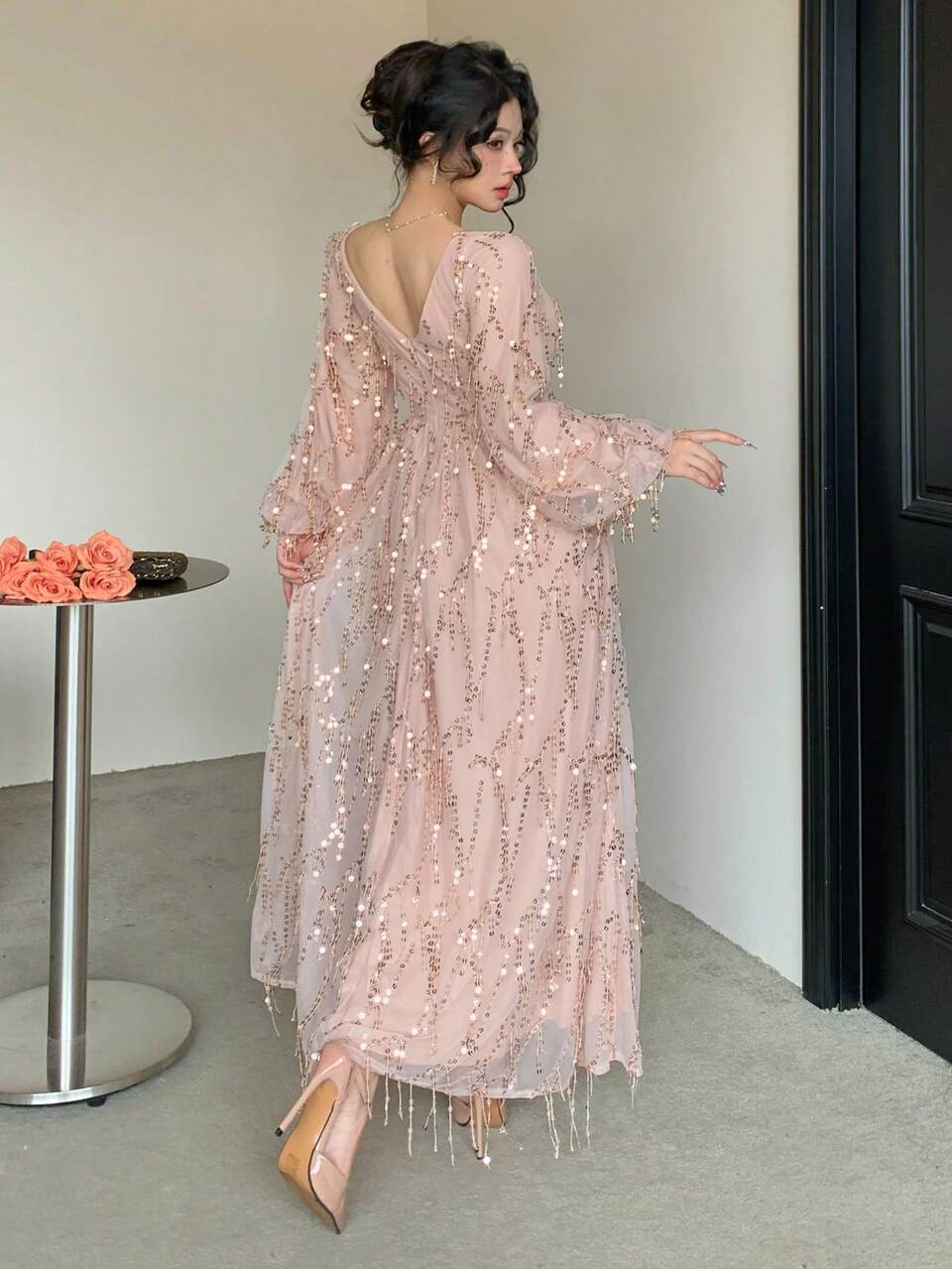 Women's Elegant Sequin Lantern Sleeve Dress, Autumn Wedding Guest Dress Sundress