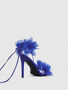 CUCCOO SZL 女士时尚3D立体花朵系带高跟凉鞋，夏季 - 寶藍色 - 查看 5