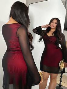 Firerie 全新性感红色网眼心形领扭纹喇叭袖紧身迷你连衣裙，优雅的情人节派对约会装 - 紅色 - 查看 2