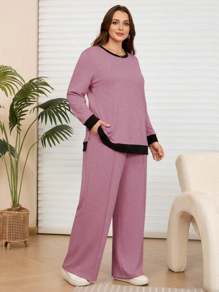 2pcs Plus Size Women Fall Casual Pink Contrast Color Hoodie And Sweatpants Set With Pockets, Autumn/Winter,, Women Plus Clothing Sets,Going Out Outfits,2025 New Clothes,Simple And Fashionable For Everyday Wear,Plus Size Winter Clothes, Modest Two Piece Set,, Modest Sets For Women, Wide Leg Pants Set,Comfortable And Breathable,Christmas Outfit For Women ,New Year Clothes,2 Piece Lounge Sets Women 2 Piece Lounge Sets Woman