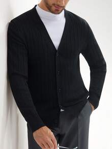 Manfinity Mode Herren einfarbiger minimalistischer Lässig Cardigan, Herbst/Winter, Langarm Oberteil - Schwarz - Übersicht 5