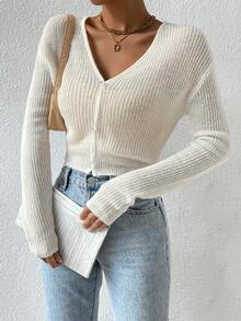 SHEIN Essnce Casual Solid Color Cropped Cardigan, Autumn - White - View 3