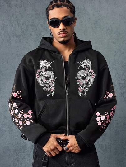 Street Life Men's Fashionable Casual Hooded Sweatshirt With Dragon Print, Streetwear Style