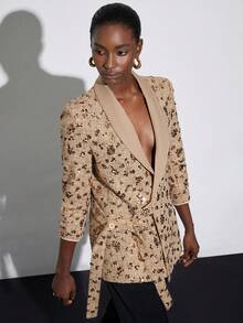 Aveloria Modichic Sequin Embellished Professional Office Wear Jacket With Side Tie Design, Long Sleeve - Khaki - View 6