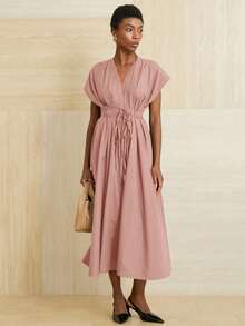 Aveloria Modichic Đầm suông dáng rộng thanh lịch, có dây thắt eo, viền xòe cho nữ - Hồng - Xem 4