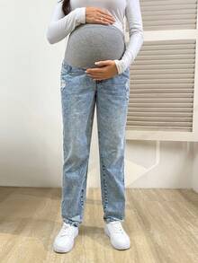 SHEIN Verstellbarer Bund, Umstandsjeans mit Rissen und lockerer Passform, lockerer Schnitt - Helle Waschung - Übersicht 4