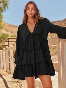 西部风混纺针织梭织V领长袖娃娃迷你连衣裙，休闲可爱秋季西部风波西米亚风穿搭 - 黑色 - 查看 5