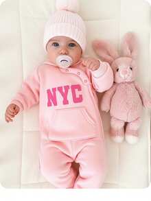 新生女宝宝可爱粉色针织字母图案长袖连体衣，秋冬季 - 粉色 - 查看 6