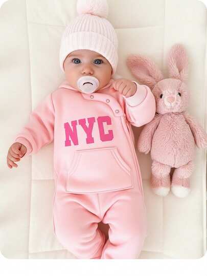 SHEIN Macacão de manga comprida com estampa de letras em tricô rosa fofo para bebê recém-nascido, outono/inverno