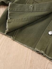 SHEIN Tween Girl Y2K Cute Pink Casual Distressed Cropped Jacket & Drawstring Waist Denim Mini Skirt 2-Piece Set Children Two Piece Jacket With Skirt 2 Piece Skirt Set For Girl Girls Jacket Skirt Set Green Kids Two Pieces Jacket With Skirt - Army Green - View 7