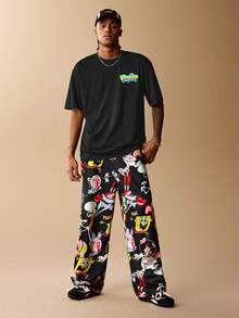 SpongeBob SquarePants | SHEIN Men's Casual Cartoon Pattern Round Neck Short Sleeve T-Shirt, Autumn - Black - View 5