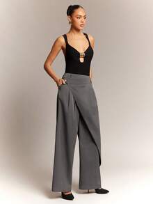 Hauture Pantalon casual ample à jambes larges avec design patchwork de couleur unie pour femmes - Gris foncé - Voir 5