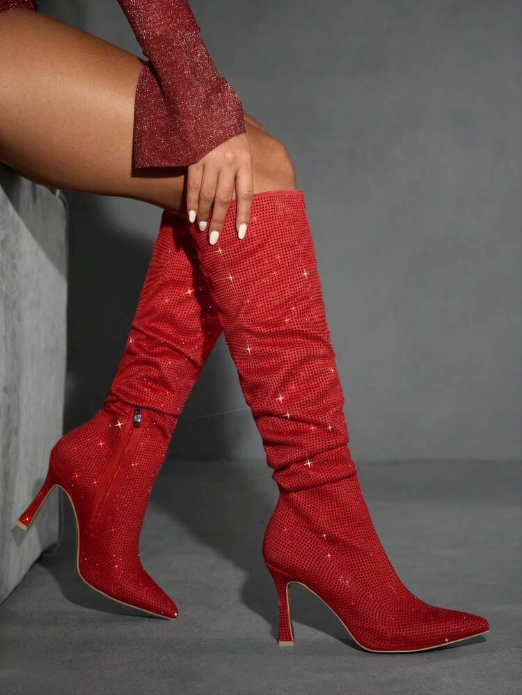 CUCCOO SZL Women's Pointed Toe Rhinestone Embellished Ruched Thigh High Boots, Sexy Stiletto Heel Party Boots For Christmas Spring Shoes