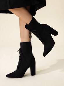CUCCOO BASICS Giày bốt nữ mũi nhọn, gót dày, màu đen, co giãn, thời trang, thanh lịch khi đi làm, đi chơi, tụ tập - màu đen - Xem 6