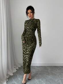 Elenzga Women's Elegant Leopard Print Elastic Mesh Ruched Bodycon Dress - Dark Green - View 6