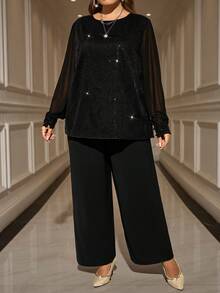 EMERY ROSE 大码女士优雅黑色亮片拼接上衣和裤子两件套，带口袋，秋冬款 - 黑色 - 查看 4