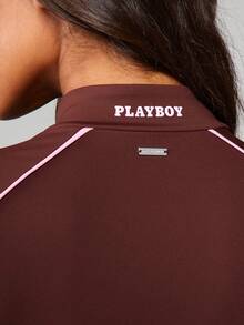 Missguided x Playboy Fitted Zip Front Jacket With Contrast Piping Detail Long Sleeve Lightweight Outerwear - Coffee Brown - View 4