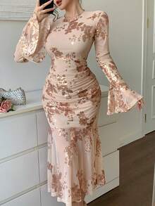 DAZY Women's Elegant Sequin Embellished Long Dress, Autumn Floral Dresses For Women - Pink - View 7