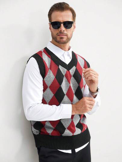 Manfinity Mode Men's Casual Colorblock Argyle Sweater Vest, Autumn/Winter