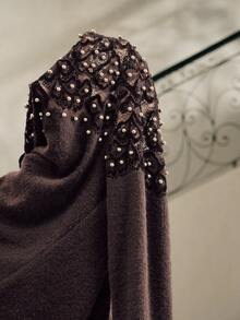 Anewsta Elegant Fitted Round Neck Lace Long Sleeve Women T-Shirt - Purple - View 8