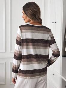 Louniche 长袖V领纽扣装饰休闲多色条纹女式T恤图案T恤女式春秋季上衣女装 - 咖啡棕 - 查看 2