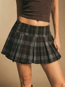 Poéselle Women's Black Plaid Pleated 2 In 1 Skort,Summer Retro Vintage 70s School Back-To-School Low Waist Patterned Print Casual Commuting Y2k Tennis Skirt - Coffee Brown - View 4
