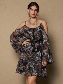 Freevana Vestido de hombros descubiertos con estampado de paisley de talla grande, otoño - Negro - Ver 8