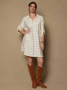 Freevana Plus Size Western Style Casual Vintage All-Over Print Dress - Beige - View 5
