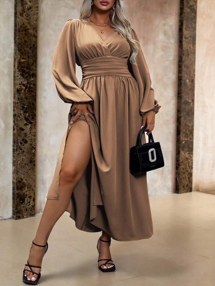 Roveilla 大码休闲纯色灯笼袖侧开衩连衣裙，春秋季女士长款套装 - 摩卡棕 - 查看 1