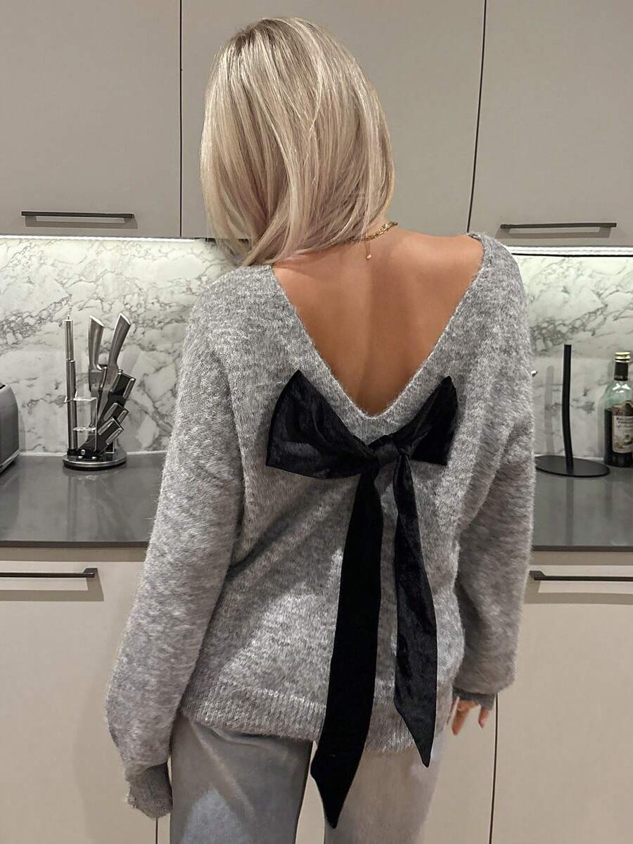 DAZY Pulover elegant tricotat cu imprimeu floral din șifon, cu guler rotund, spate fără fundă, mânecă lungă, casual, elegant, toamnă/iarnă