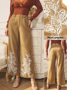 SHEIN Clasi Women's White Autumn Elegant Flowy Office Winter Party Pants,Elegant Pants With Exquisite Applique Craftsmanship,Suitable For Dates,Parties,Christmas - Khaki - View 4