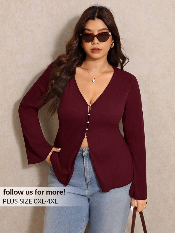 Elaquor Plus Size Women V-Neck Single-Breasted Casual T-Shirt