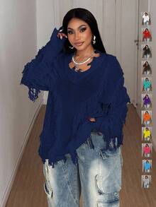 Maweii 大码女式长袖纯色流苏装饰毛衣 - 寶藍色 - 查看 1