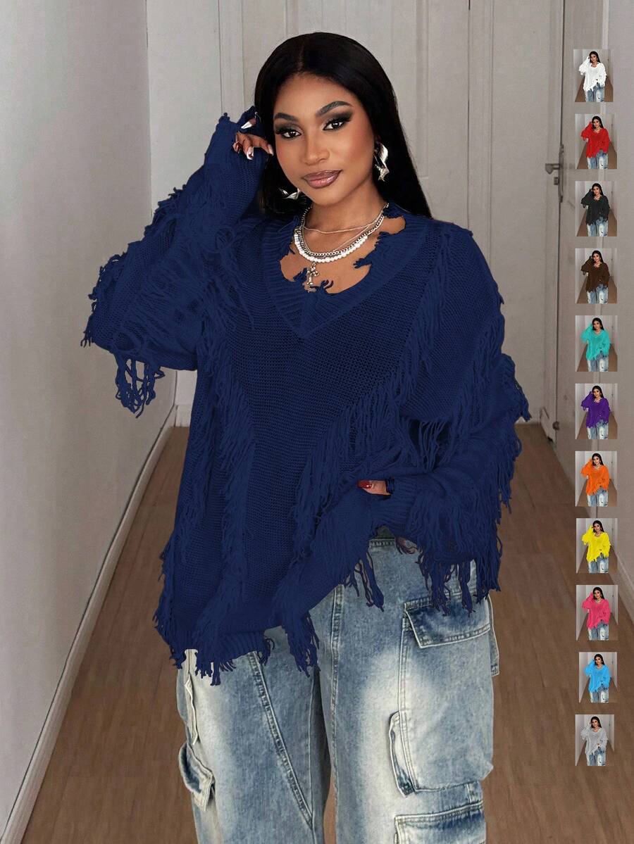 Maweii 大码女式长袖纯色流苏装饰毛衣 - 寶藍色 - 查看 1