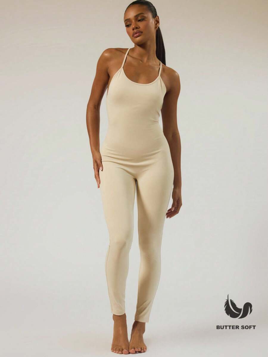 MUSERA ESSENTIALS Strappy Fitted Jumpsuit Catsuit Basic Autumn Winter Casual Going Out Everyday Night Out Sexy Cute Cosy Spring - Beige - View 1