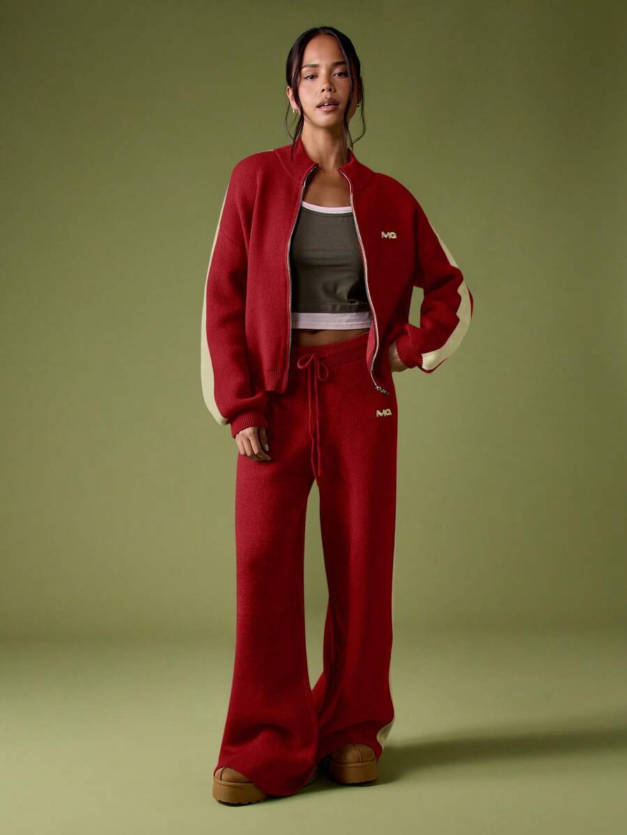 MISSGUIDED Knitted Wide Leg Trouser With Stripe Detail And Embroidery Logo For Cozy Winter Loungewear Christmas - Burgundy - View 1