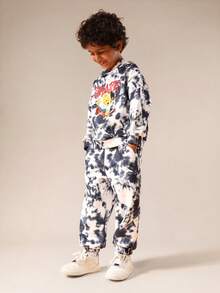 SUMWON Oversized Boys Tie Dye Hoodie Sweatpants Set With Skater Bear Print Character Design Casual Wear Co-Ord - Black - View 1