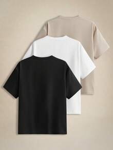 EASEVO 3 Peças/Conjunto Camisetas de Gola Careca de Manga Curta Casuais em Cores Sólidas, Plus Size, Adequadas para Uso Diário no Verão - Preto - Visão 2