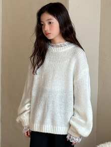 DAZY Tween Girls Crew Neck Lace Patchwork Sweater, Fall - Beige - View 3