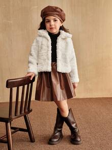 SHEIN Young Girls Beige Faux Fur Long Sleeve Stand Collar Jacket, Fashionable, Warm, Versatile, Comfortable Winter Children Short Coat Fall - White - View 6