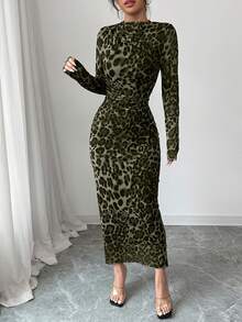 Elenzga Women's Elegant Leopard Print Elastic Mesh Ruched Bodycon Dress - Dark Green - View 4