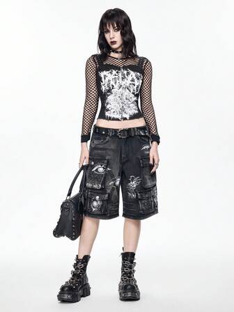 Goth Camiseta de tirantes ajustada con estampado de esqueleto gótico vintage desgastado para mujer