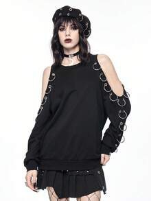 ROMWE Goth 哥特式镂空肩部金属孔眼装饰女式卫衣 - 黑色 - 查看 1