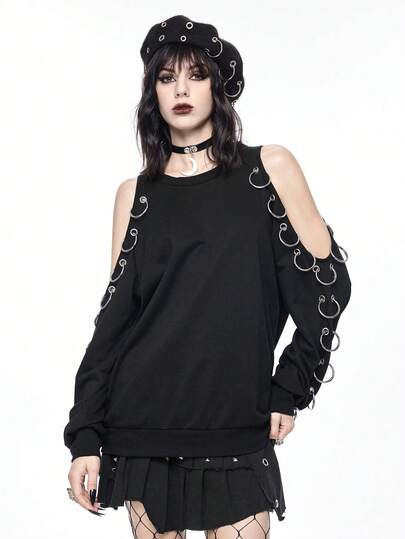 ROMWE Goth بلوزة نسائية بتصميم قطع الكتف مع تزيين معدني